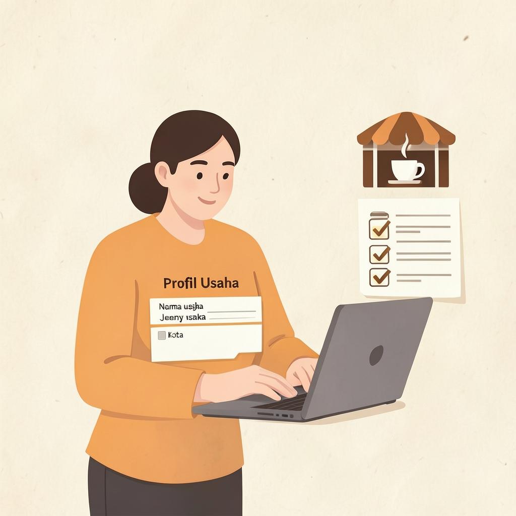 Ilustrasi pengusaha mengisi formulir profil usaha di laptop